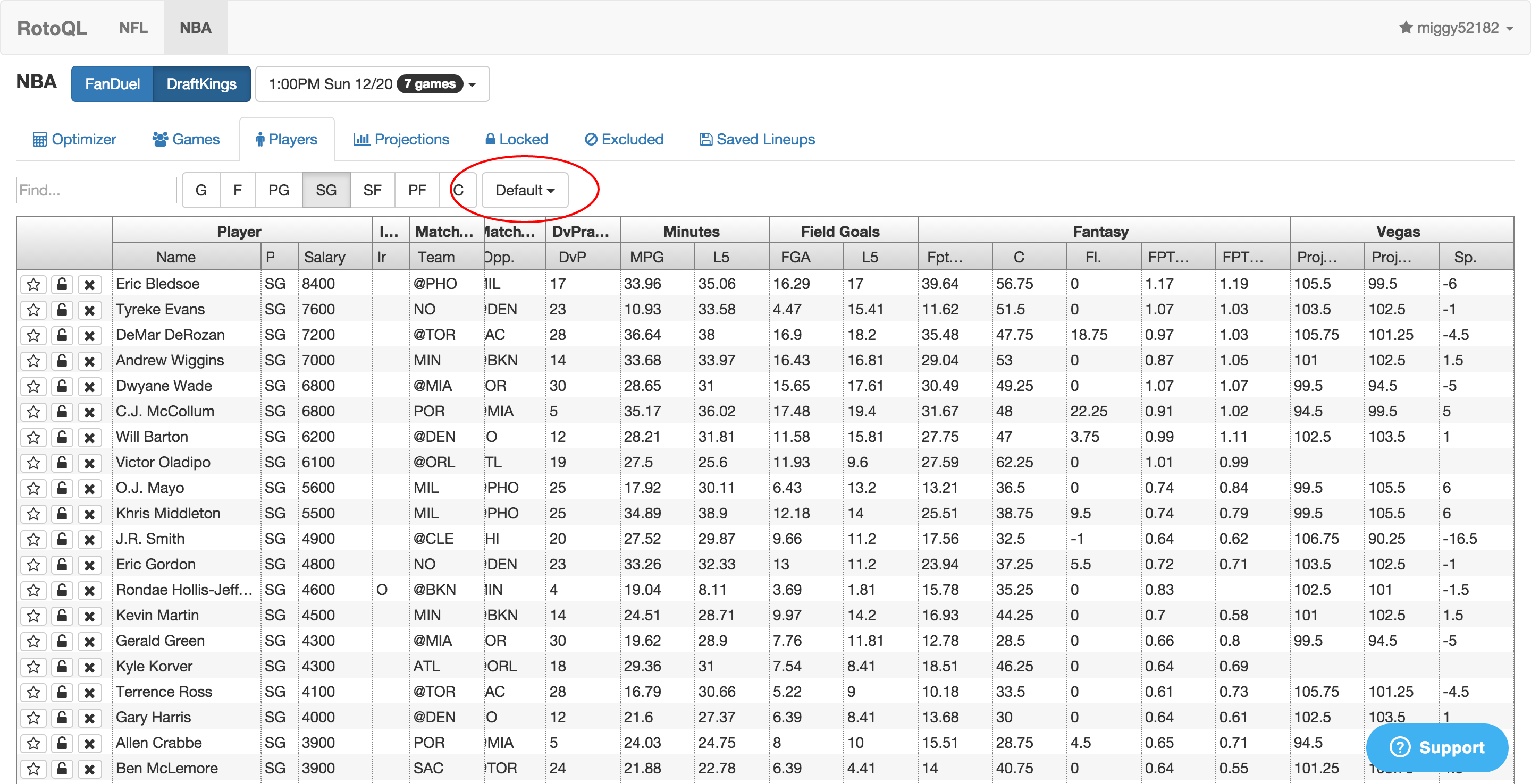 NBA & NFL default and advanced stat views RotoQL Help Center